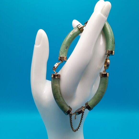 Vintage Asian Green Jade Gold Tone 7" Link Bracelet Safety Chain Push Lock Clasp - Picture 2 of 10